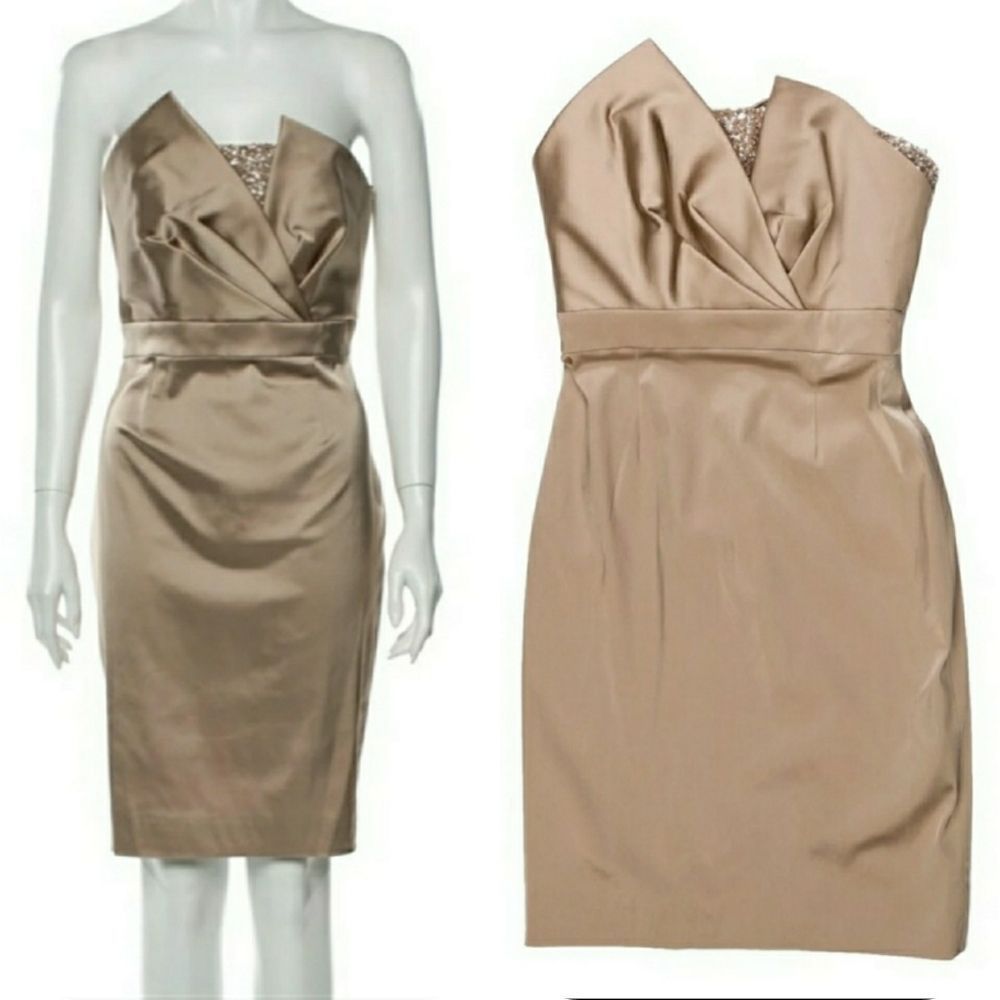 Theia Couture Assymmetrical Beades Strapples Dress